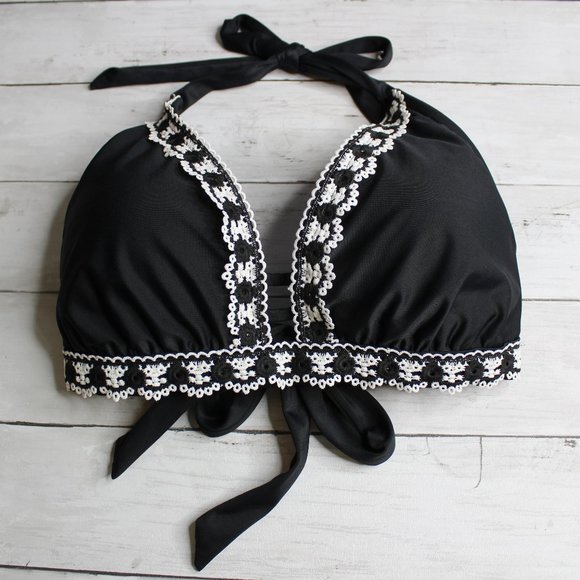 Kona Sol Women's Retro Halter Bikini Swimsuit Top Size L Black White - Picture 1 of 5